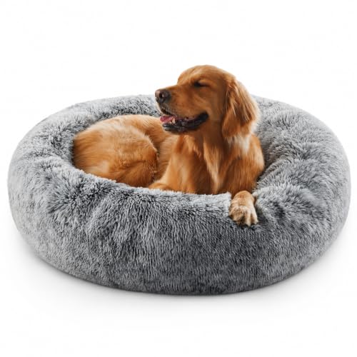 emily pets Calming Dog & Cat Bed | Soft Plush Round Pet Bed | Ultra Cozy Fluffy Sleeping Bed | Warm Washable Cushion Basket, Color May Vary