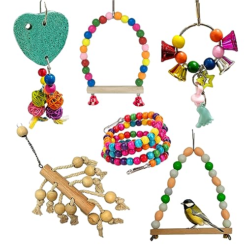 WildbirdCare Natural Wood Bead Chain Swing Toy, Chew Toys with Hanging Cage Toys for Small Parakeets, Cockatiels, Conures, Finches, Budgie, Parrots, Love Birds (Pack6)