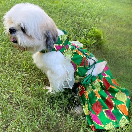 Lulala Ethnic Golden Dog Dress with Ruffled Sleeves – Festive Pleated Gown for Female Dogs – Adjustable Fit, Traditional Indian Outfit for Weddings & Celebrations (Green, 10 INCH)