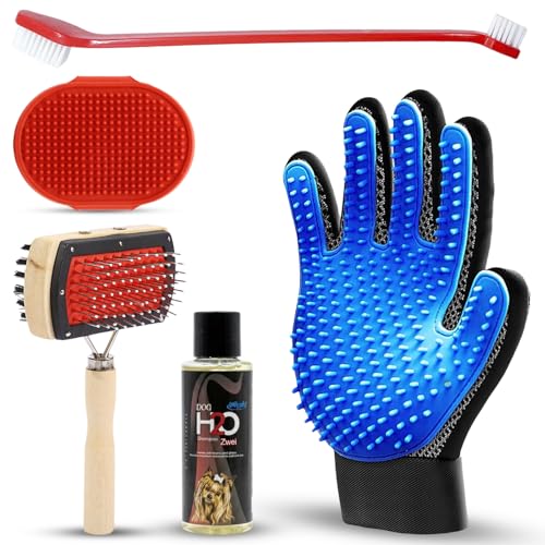 Emily Pets 5-in-1 Pet Grooming Kit for Dogs & Cats – Slicker Brush, Grooming Glove, Bath Massage Brush & Pet Shampoo for Cleaning & Grooming