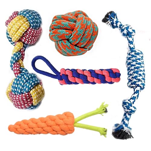 Cature Durable Rope Dog Toys Set for Aggressive Chewing Dogs | Cotton Knotted Chew Toys for Puppies and Dogs | Teeth Cleaning and Tug Play (Multicolor, Pack of 5)