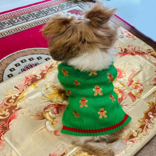 Lulala Dog Sweater - Cozy Green Knit with Gingerbread Man Design, Christmas Holiday Warm Knitwear for Small Dogs, Soft & Comfortable Pet Sweater