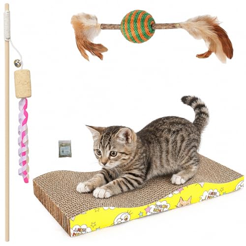 SRI Pet 3-in-1 Cat Scratcher Board with Toy Set | Cardboard Scratching Bed, Feather Wand, Rope Ball, and Catnip | Combo for Kittens and Indoor Cats (Color May Vary)