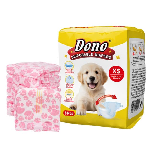 Emily Pets Disposable Diapers for Female Dogs, Size XS (22–40cm) Waist Soft Cotton-Like Pet Diapers with Adjustable Tail Hole, Leakproof, Breathable, Reusable Velcro – 8 Pieces