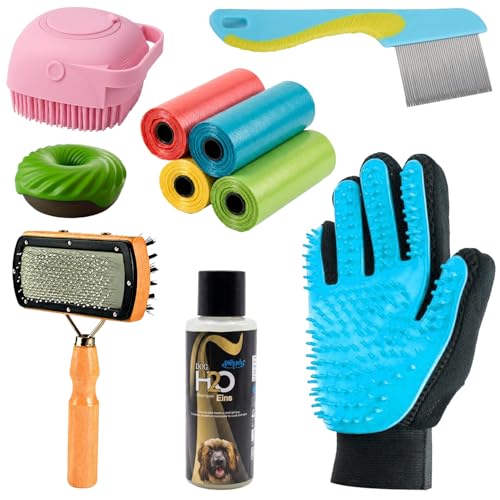 Emily Pets 7-in-1 Pet Grooming Kit for Dogs and Cats | Deshedding Brush, Flea Comb, Bath Brush, Massage Glove, Shampoo, and Poop Bags | Complete Care Set