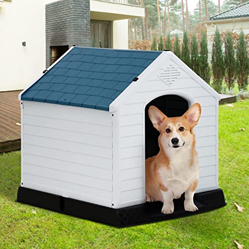 Emily Pets Dog Houses for Small, Medium Dogs Outside, 45" High Waterproof Ventilate Plastic Pet Kennel with Air Vents & Elevated Floor, Indoor Outdoor Dog House (Size L-49, W-44, H-45 Blue)