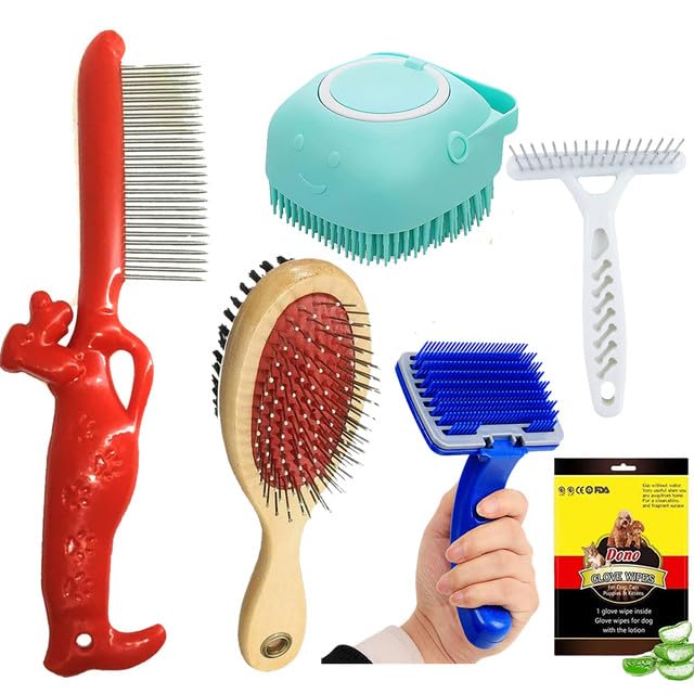 Cature Care by Nature 6-in-1 Dog Grooming Kit -Dog Grooming Supplies Dog Rake Comb for Long Haired Dog, Bath Brush For Long Hair Dogs And Comb, Wipes Glove (Pack of 6, Color me vary)