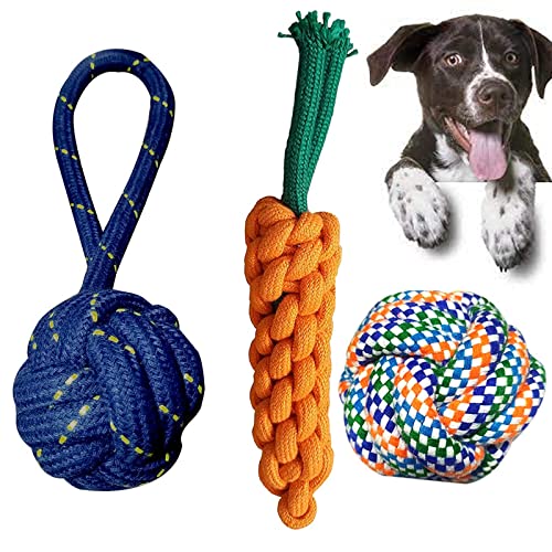emily pets Durable Pet Teeth Cleaning Chewing Biting Knotted Small Puppy Toys -100% Natural & Safe Cotton-Pack of 3