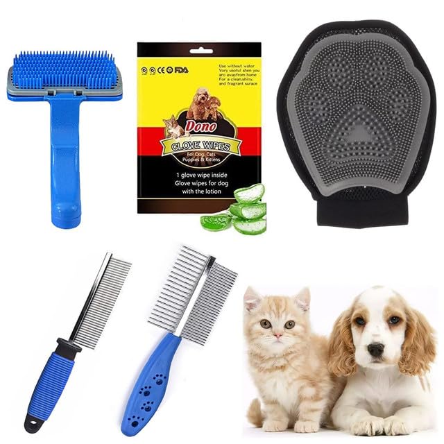 cature Care by Nature Cature 5-In-1 Pet Grooming Combo Pet Wipes Gloves And Pet Bath Grooming Gloves,Pet Comb Pet Slicker Brush For Puppy Cat And Kitten (Multi Color, Pack 5)