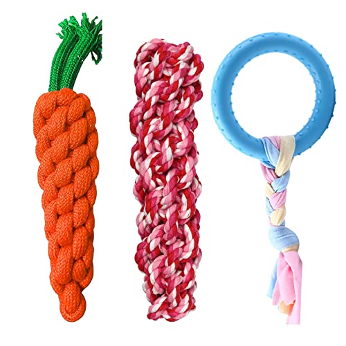 emily pets Combo of 3 Durable Pet Teeth Cleaning Chewing Puppy Toys, Cotton Rope Chewing and Playing for Puppies and Small to Medium Size Dog (Color May Vary, Pack of 3)