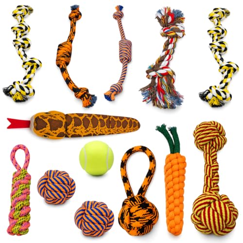 emily pets Dog & Puppy Toy Set | Washable Cotton Rope Chew Toys, Interactive Tug of War, Teething Toys, Rope Balls & Tennis Ball for Small & Medium Dogs - Pack of 13