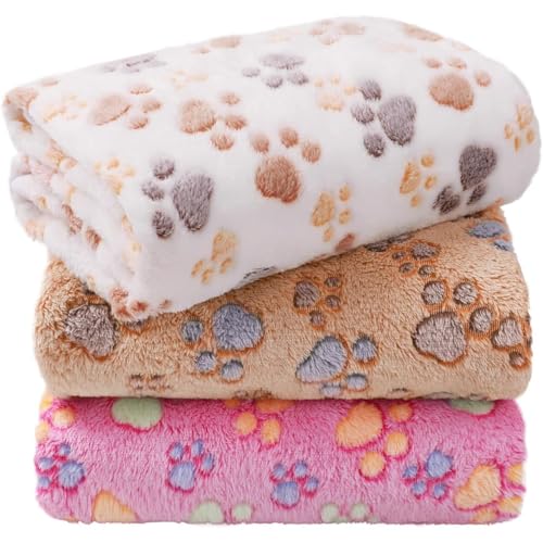 emily pets Super Soft Fleece Dog & Cat Blanket Pack of 3 | Warm Flannel Paw Print Pet Throw for Bed Sofa Car | Small & Large Dogs Puppies Kittens 50x40 in