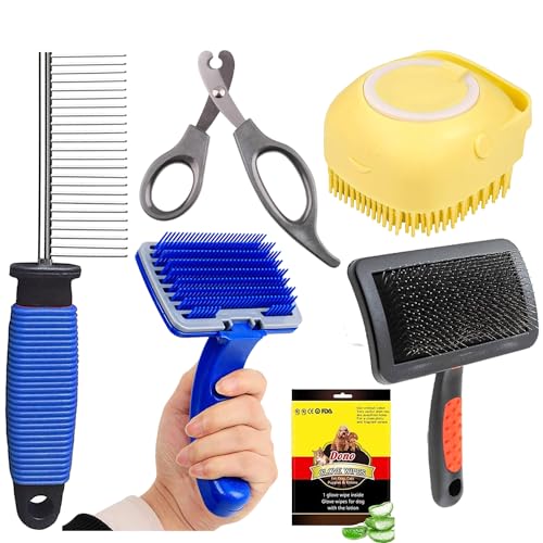 Cature Care by Nature Dog Grooming Kit Combo -Dog Nail Scissors Dog Manual Kit Dog Plastic Slicker Brush with Pet Comb and Pet Wipes Glove for Dogs Puppy And Cats (Pack of 6, Color me vary)