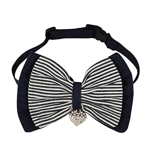 Lulala Dog Stripped Bow with inbuit Pendent Cat Classic Neck Tie Dog Tuxedo Bow Tie Stripped Collar with, Dog Costumes Bowties for Dogs Wedding Valentines Suit Groom(S,Navy Blue-White)