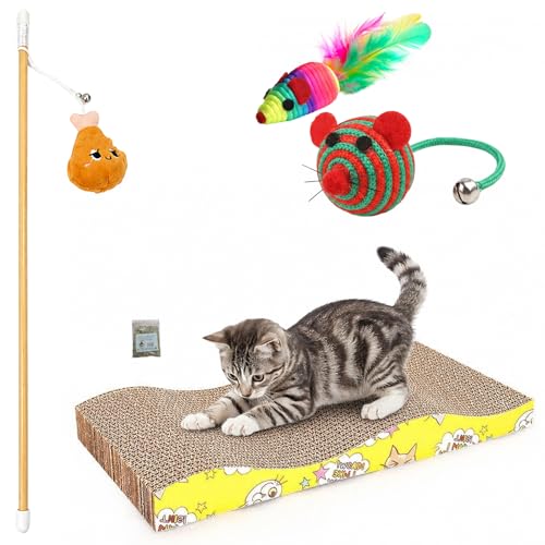 SRI Pet 3-in-1 Cat Scratching Board Combo, with Toy Wand, Feathers, and Mouse | Corrugated Cardboard Scratcher Pad | Anti-Slip Base (Pack of 3 Color May Vary)