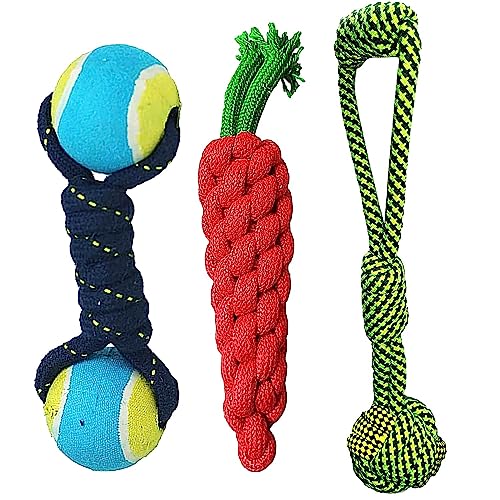 Cature Care by Nature Rope Toys for Dogs - Set of 3 Durable Cotton Chew Teething Toys for Puppy Playing, Teeth Cleaning, and Training (Color May Vary)