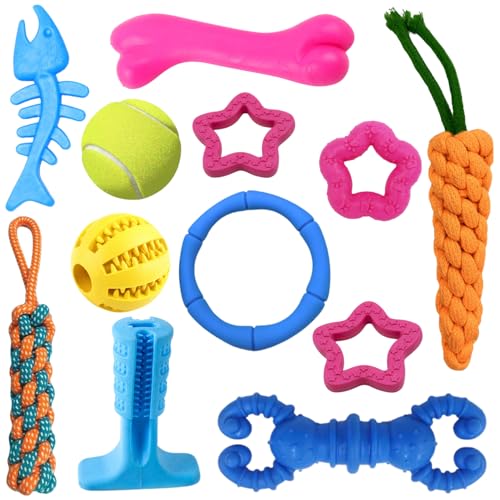SRI Pet Dog Chew Toy Set for Puppies and Small Dogs - 12 Piece Durable Non-Toxic Rubber and Rope Toys, Teething Pain Relief, Teeth Cleaning, Tug, Fetch Ball and Chew Bones (Multicolor)