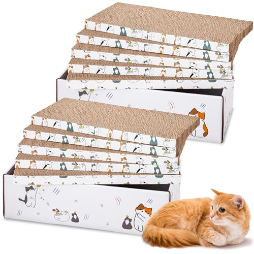Fiwochic 12 Pcs Cat Scratch Pads with Box Durable Cat Scratcher Cardboard Reversible Recyclable for Indoor Small Medium Kitten to Play Rest Grind Claws Furniture Protector