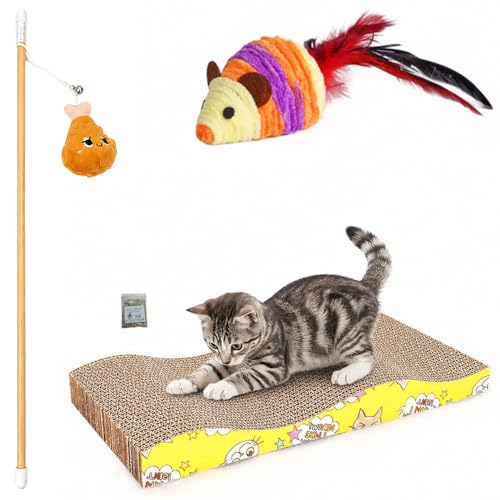 SRI Pet Cat Scratching Board with Toys Set | Corrugated Cardboard Scratcher Bed, Feather Wand Teaser, Plush Mouse and Catnip | Kitten and Cat Play Combo (Pack of 3 Color May Vary)