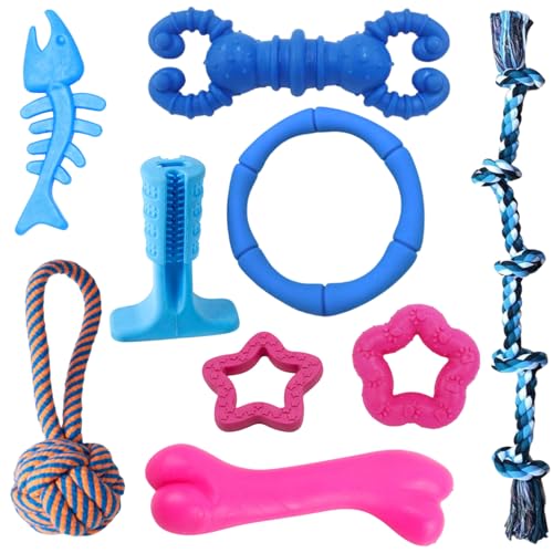 SRI Pet Dog Chew Toy Set for Puppies and Small Dogs - 9 Piece Non-Toxic Rubber and Rope Toys, Teething Pain Relief, Teeth Cleaning, Tug Ring, Fetch Ball and Chew Bones (Multicolor)