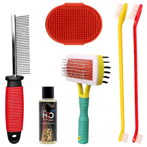 Emily Pets Pet Grooming Kit - Dog Shampoo, Stainless Steel Comb, Slicker Brush, Silicone Bath Brush, and Dual Toothbrush Set for Dogs and Cats (Color May Vary)