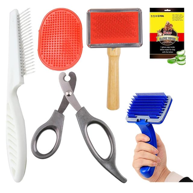 Cature Care by Nature Dog 6 in 1 Grooming Combo Pet Wood Handle Slicker Brush, Dog Nail Clippers with, Pet Hair Comb, Wipes Gloves for Dogs and Cats (Pack of 6, Color me vary)