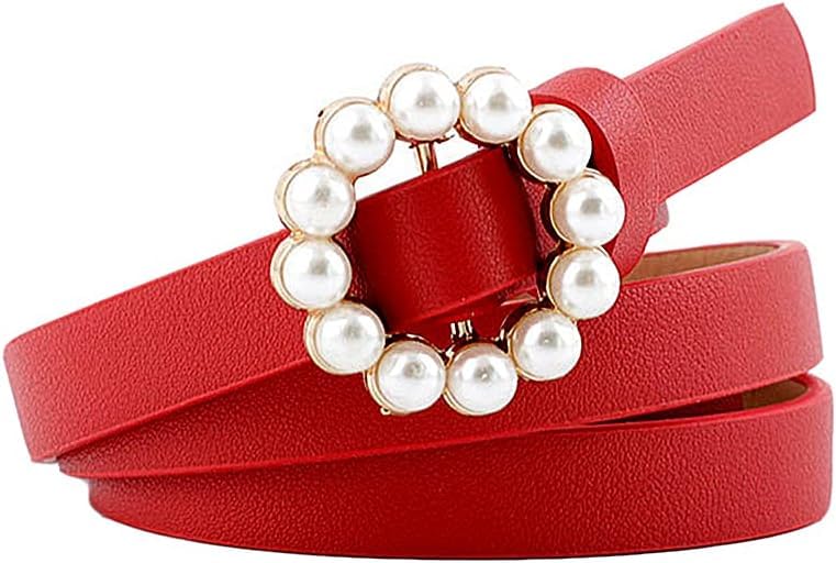 FDreaM Women Belt with Pearl Round Buckle – Stylish Leather Waist Belt for Dresses, Jeans, Casual (Red, 24 Inch)