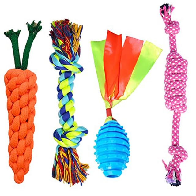 Cature Dog Toy, Rope Chew Set, Interactive Puppy Toy, Carrot Rope Toy 2 Knots Rope Toy Squeaky Toys for Teeth Cleaning, Suitable for Small and Medium Dogs(Multi Color, Pack of 4)(Combo6)