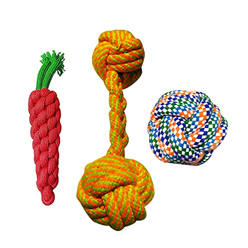 emily pets 3 Piece Dog Toy Set Combo,Cotton Chilli Rope Toys for Dogs,Knot Dog Ball Toys-Dog Chew Toys-Puppy Teething Toys-Puppy Chew Toys-Puppy Toys-Small Dog Toys-Dog Toy Pack-Tug Toy(Pack of 3)