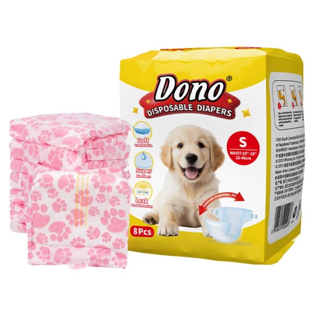 Emily Pets Disposable Diapers for Female Dogs, Size S (26–46 cm) Waist Soft Cotton-Like Pet Diapers with Adjustable Tail Hole, Leakproof, Breathable, Reusable Velcro – 8 Pieces